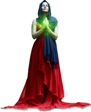 Contemplative Womanin Colorful Drapery PNG image