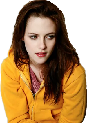 Contemplative Womanin Yellow Hoodie PNG image
