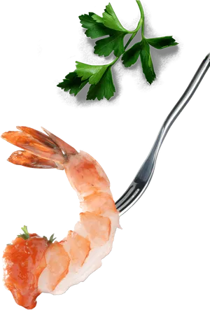 Cooked Shrimpon Forkwith Parsley Garnish PNG image