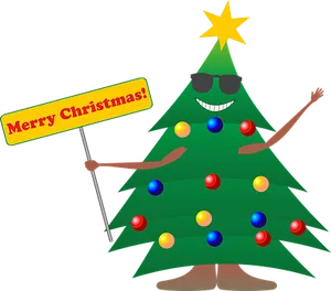 Cool Christmas Tree Cartoon Holding Sign