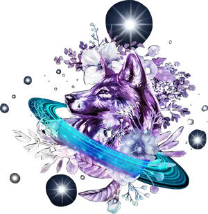 Cosmic Wolf Floral Fantasy PNG image