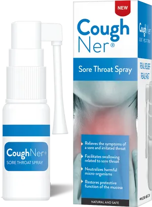 Cough Ner Sore Throat Spray Product Packaging PNG image