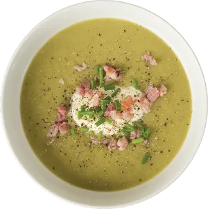 Creamy Green Soupwith Bacon Topping PNG image