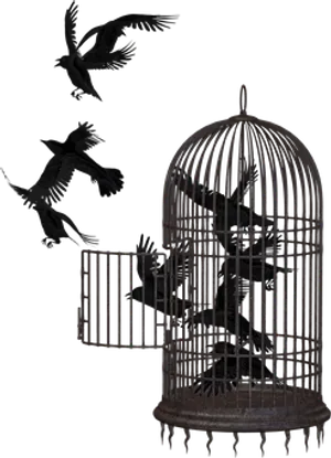 Crows Escaping Cage Dark Background
