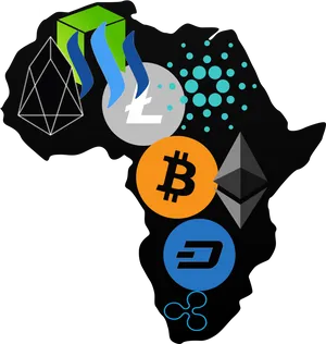 Cryptocurrency Symbols Over Africa Map