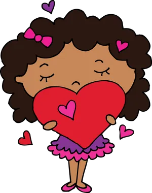 Curly Haired Cartoon Girl Holding Heart