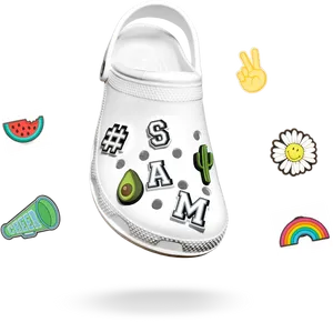 Customized White Crocwith Jibbitz Charms PNG image