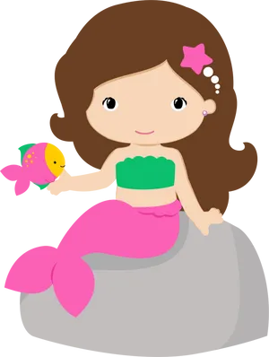 Cute Cartoon Mermaidwith Fish Friend PNG image