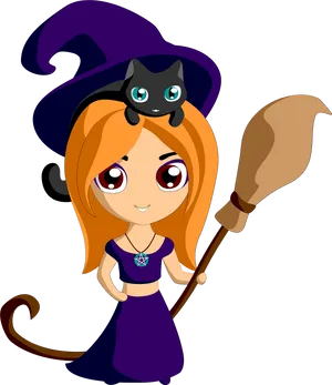 Cute Cartoon Witchwith Black Cat