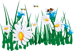 Daisiesand Bees Garden Scene PNG image