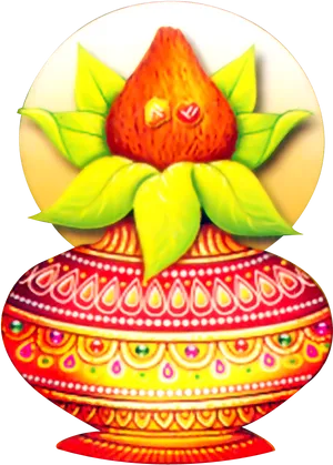 Decorative Kalash With Coconutand Mango Leaves PNG image
