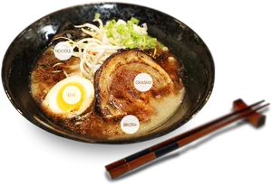 Delicious Ramen Bowl With Ingredients Labels PNG image