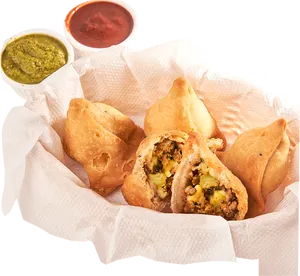 Delicious Samosaswith Chutney Dips PNG image