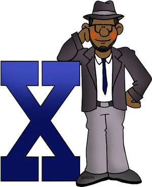 Detective Character Beside Letter X PNG image