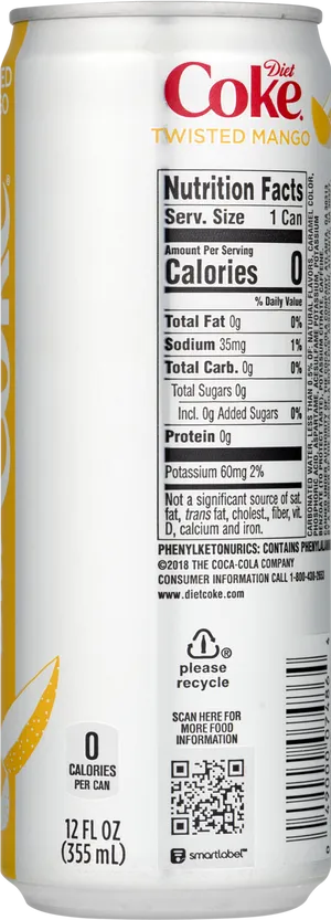 Diet Coke Twisted Mango Can Nutrition Label PNG image