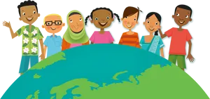 Diverse Cartoon Children Around Globe PNG