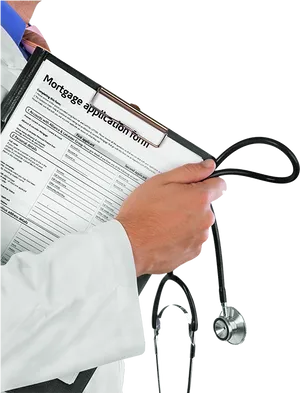 Doctor Holding Mortgage Application Formand Stethoscope PNG image