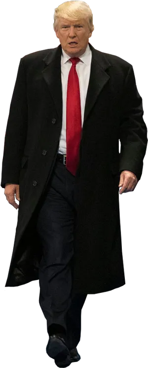 Donald Trump Walkingin Black Coatand Red Tie PNG image