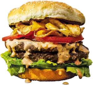 Double Beef Burgerwith Crispy Chips PNG image