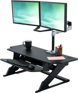 Dual Monitor Standing Desk Setup PNG image