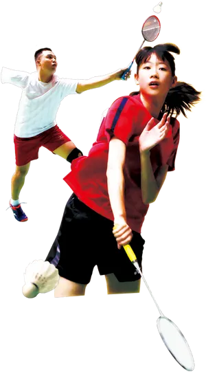 Dynamic Badminton Doubles Action PNG image