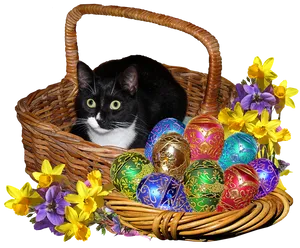 Easter Basket Catand Decorated Eggs