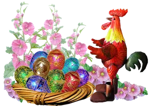 Easter Basketand Roosterwith Decorated Eggs