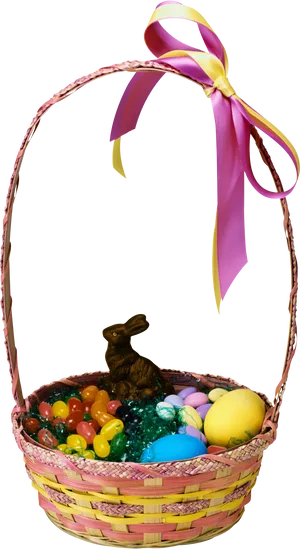 Easter Basketwith Chocolate Bunnyand Colorful Eggs PNG image