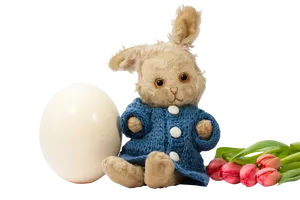 Easter Bunny Plush Toy With Egg And Tulips PNG image