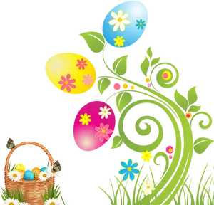 Easter Eggs Floral Design Basket Illustration PNG image