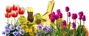 Easter Spring Floral Arrangementwith Chocolate Bunny PNG image