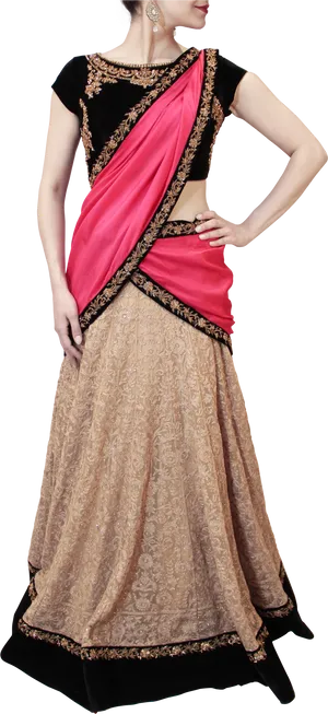 Elegant Beigeand Pink Saree Model PNG image