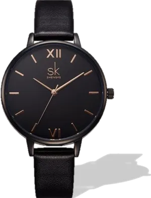 Elegant Black Dial Leather Strap Watch PNG image