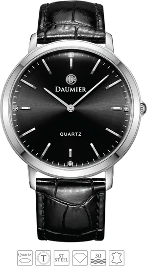 Elegant Black Dial Leather Strap Watch PNG