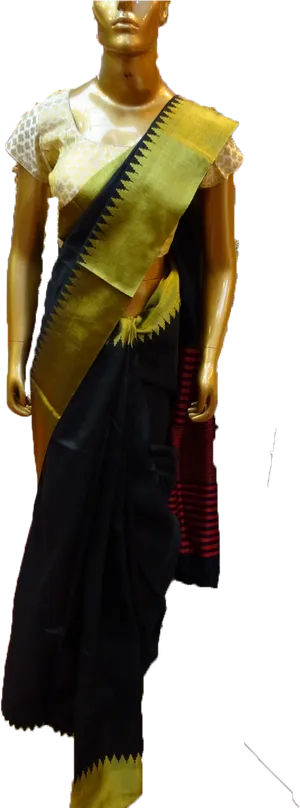 Elegant Black Gold Saree Mannequin PNG image