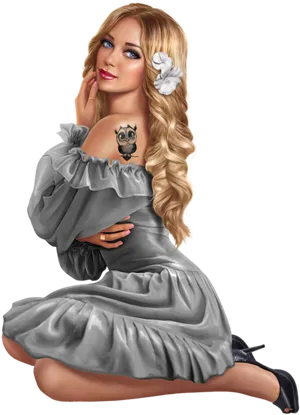 Elegant Blonde Woman Floral Tattoo PNG image