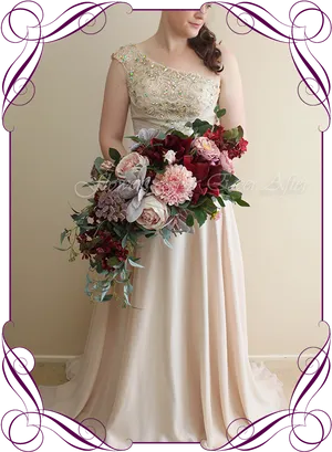 Elegant Bridal Gownand Bouquet Melbourne PNG image
