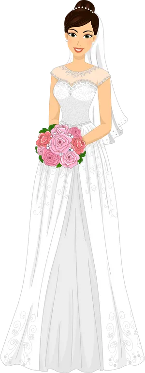 Elegant Bride Cartoon Illustration PNG