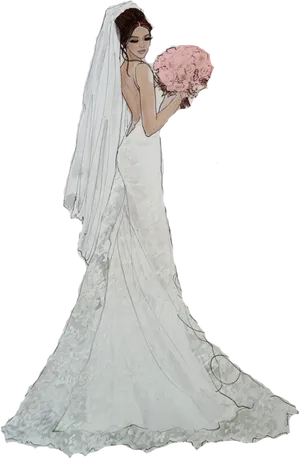 Elegant Bridein White Gownwith Bouquet PNG image