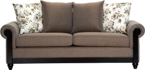 Elegant Brown Sofawith Floral Pillows PNG