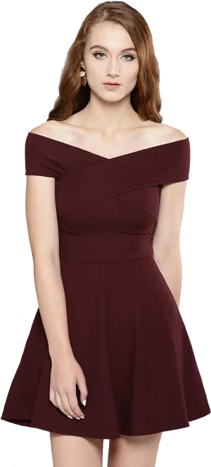 Elegant Burgundy Off Shoulder Dress PNG image