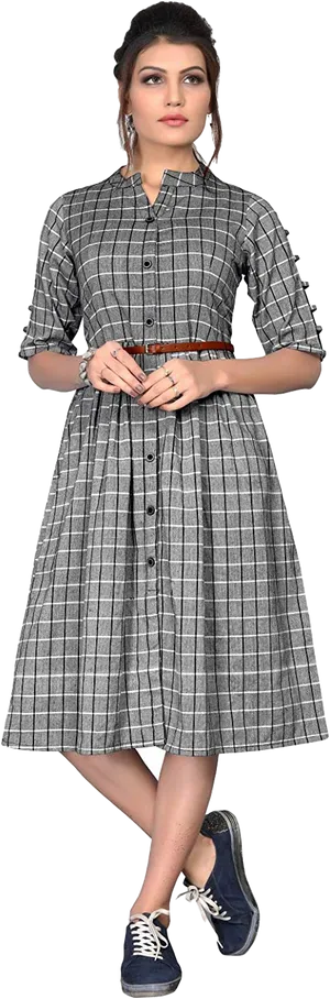 Elegant Checkered Dress Model PNG image