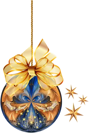 Elegant Christmas Ballwith Golden Ribbonand Stars.png PNG image
