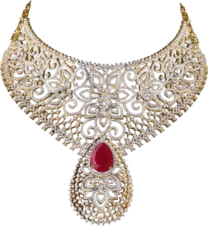 Elegant Diamondand Ruby Necklace Design PNG
