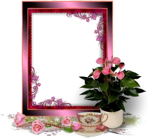 Elegant Floral Frameand Teacup PNG image