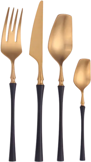 Elegant Gold Black Handle Cutlery Set PNG image