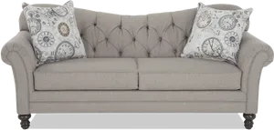 Elegant Gray Tufted Couchwith Pillows PNG image