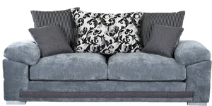 Elegant Gray Velvet Sofa With Pillows PNG image