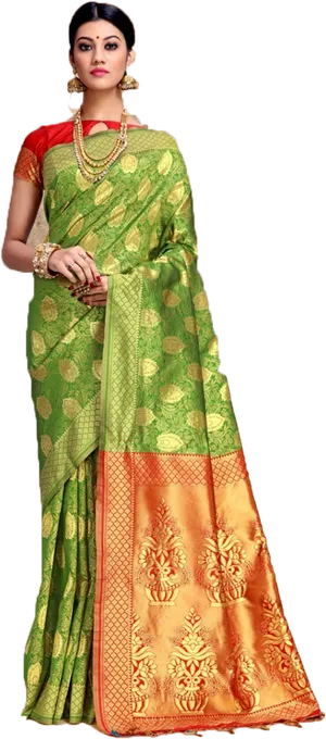 Elegant Green Sareewith Orange Border PNG image