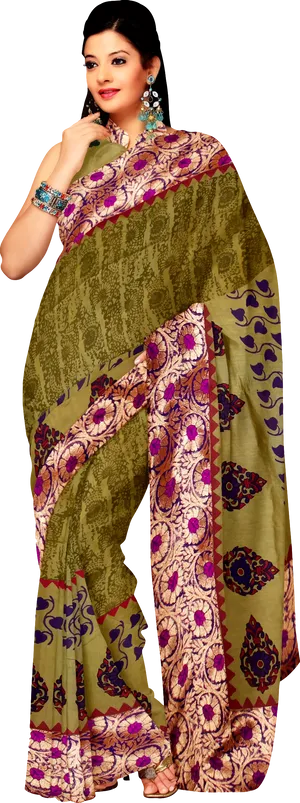 Elegant Greenand Purple Saree Model PNG image